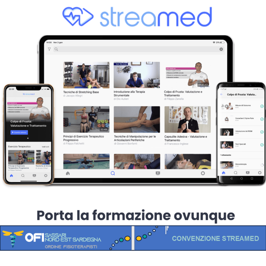 Nuova collaborazione tra OFI Sassari e Nord-Est Sardegna e Streamed, piattaforma per la formazione online dei fisioterapisti. La convenzione permette di bloccare il prezzo di iscrizione (scontato del 50%) a Streamed per sempre. Per attivare la convenzione è sufficiente scrivere direttamente all’indirizzo supporto@streamededu.com indicando: nome, cognome e il numero di iscrizione all’ordine.